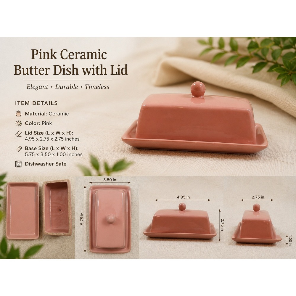 Pink Ceramic Butter Dish with Lid Elegant Glossy Rectangular Server 2-Piece Set